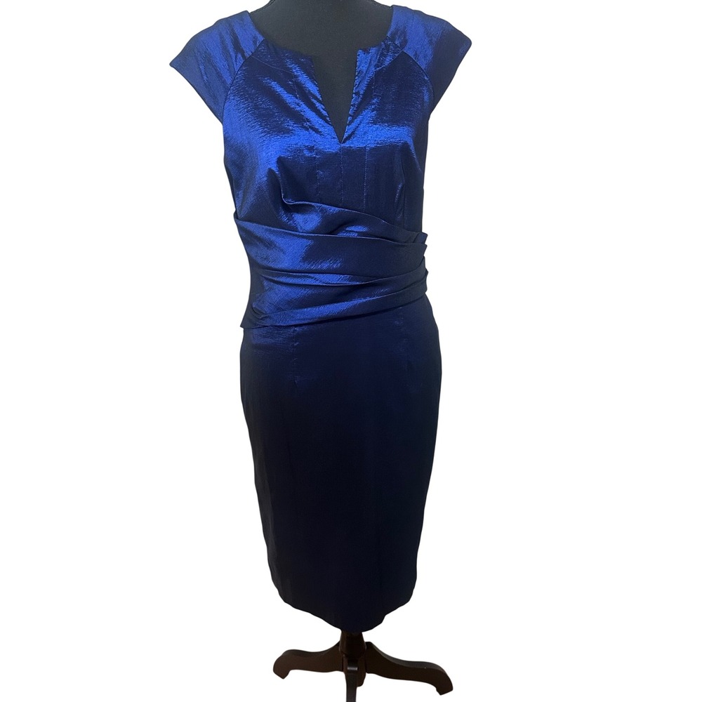 Adrianna Papell Royal Blue Metallic Pleated Waist Sheath Cocktail Dress Size 10